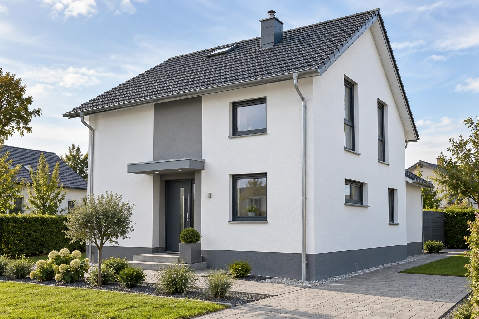 House with a white facade, a grey accent above the entrance and a dark grey plinth